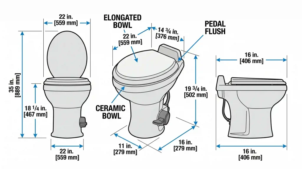 Dometic 320 RV toilet dimensions diagram showing height width depth measurements
