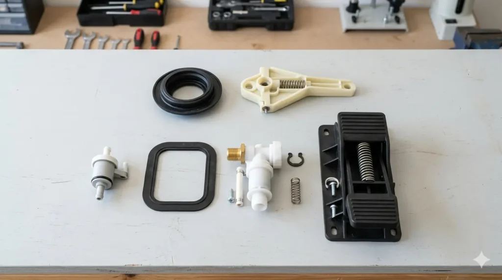 Common Thetford camper toilet replacement parts laid out on a work surface