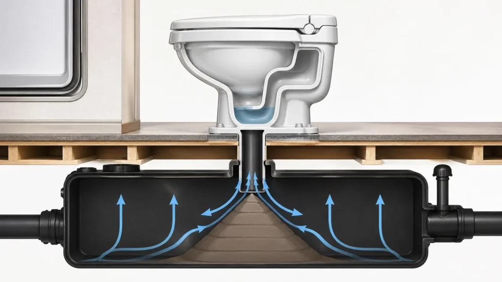 Pyramid plug under RV toilet causing odor when flushed
