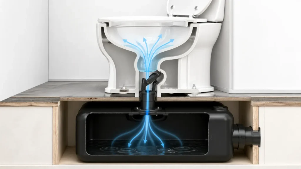 Diagram showing how black tank odor can rise when an RV toilet is flushed