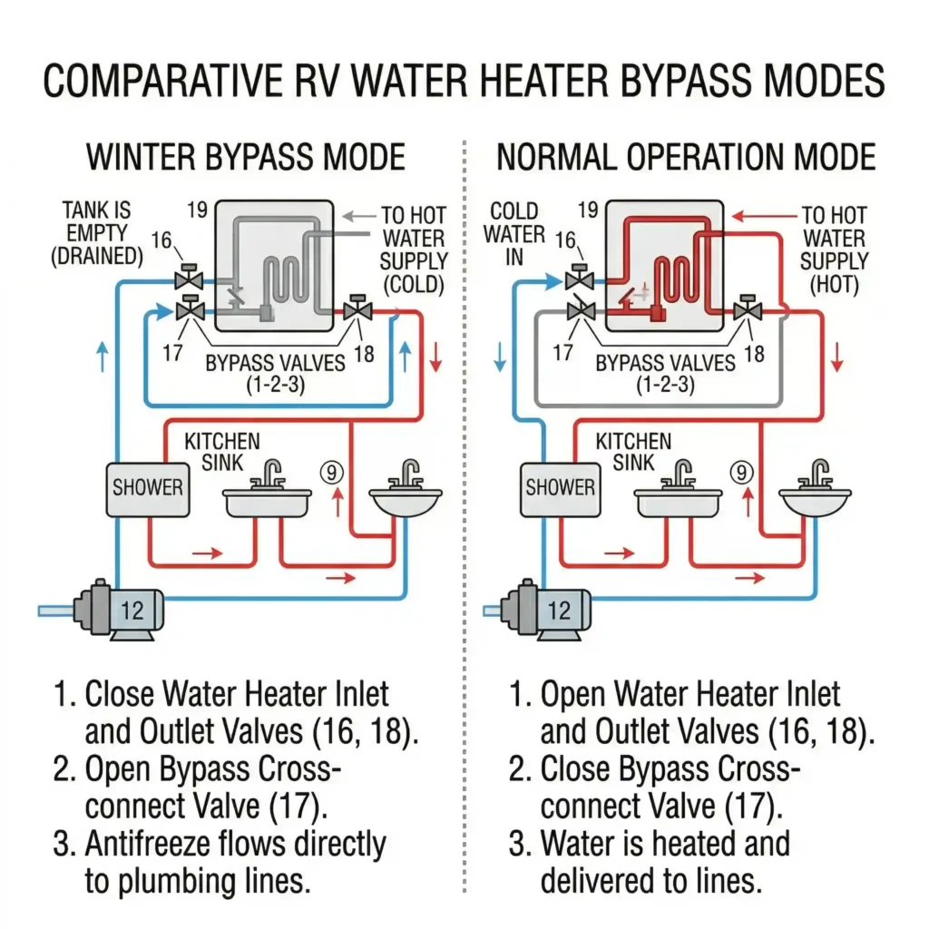 RV water heater bypass valve diagram showing winter and normal position settings