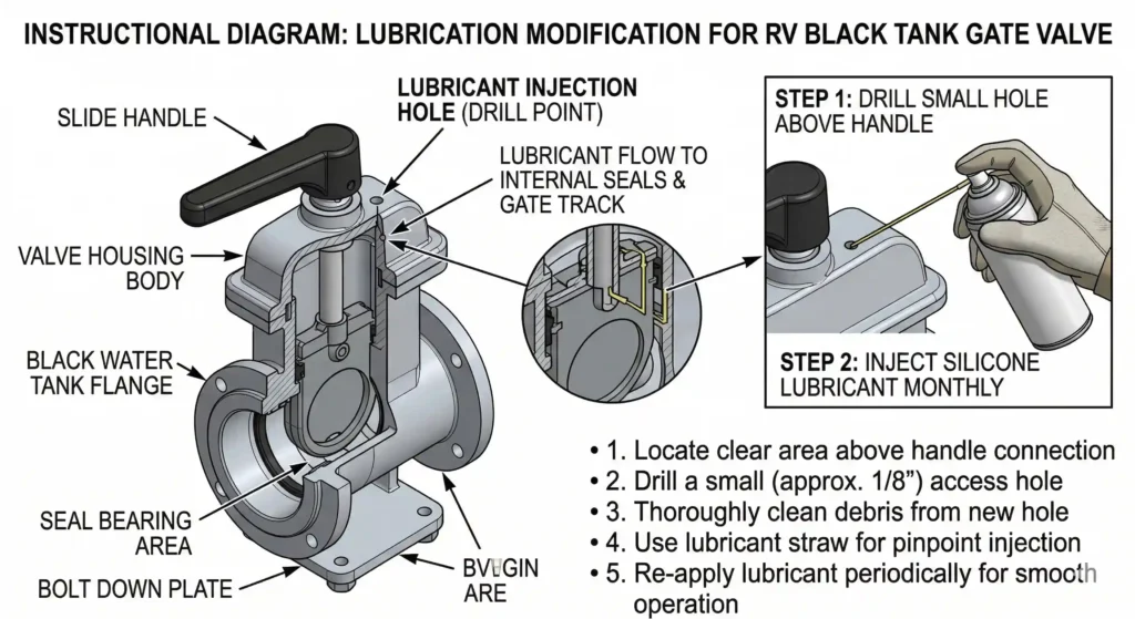 RV black tank valve drill hole lubrication method diagram showing injection point