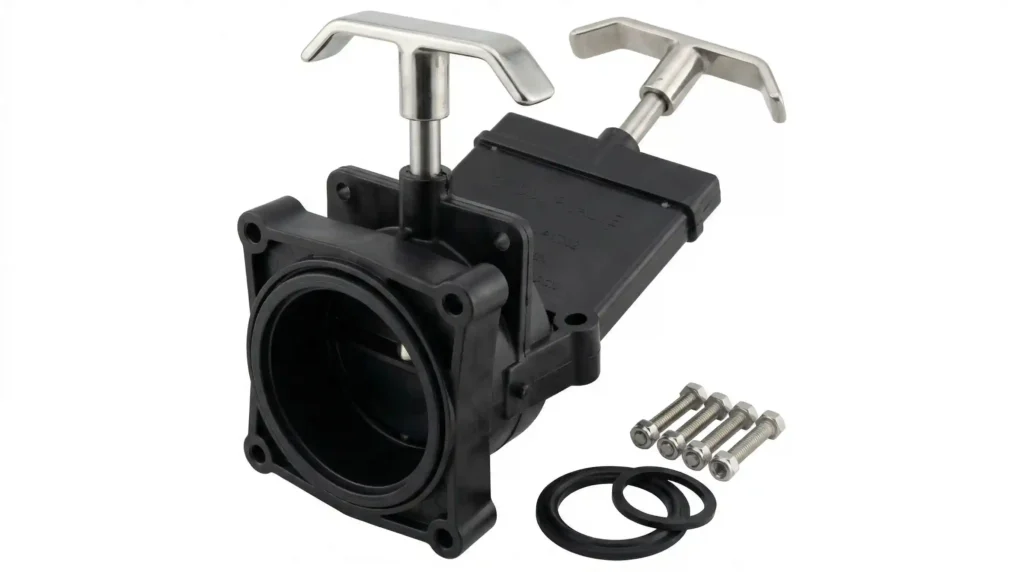 RV black tank gate valve replacement part with metal handle isolated on white background