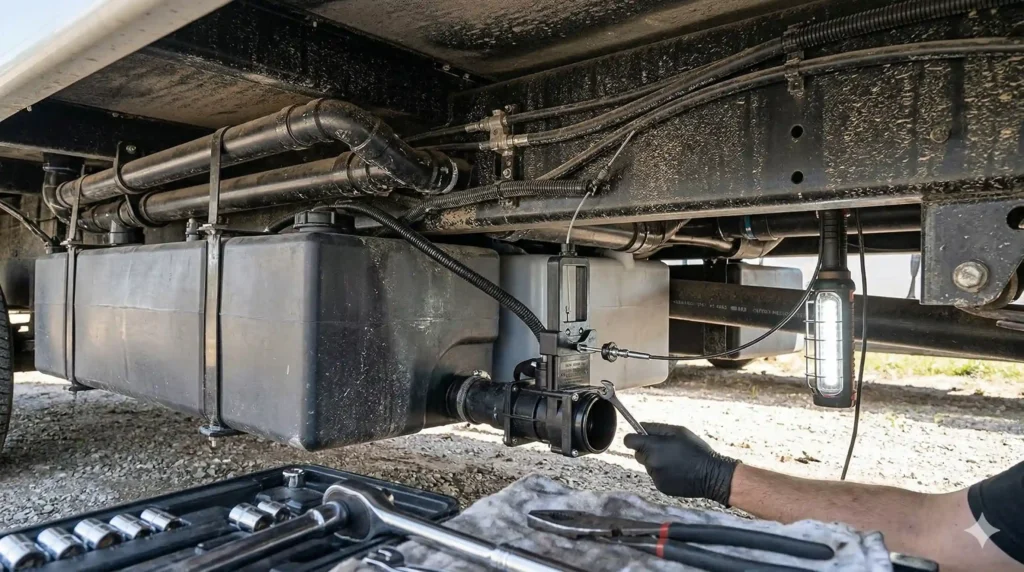 RV black tank gate valve cable connection located under RV chassis