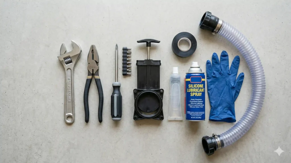 tools needed to fix stuck RV black tank gate valve including wrench pliers and gloves