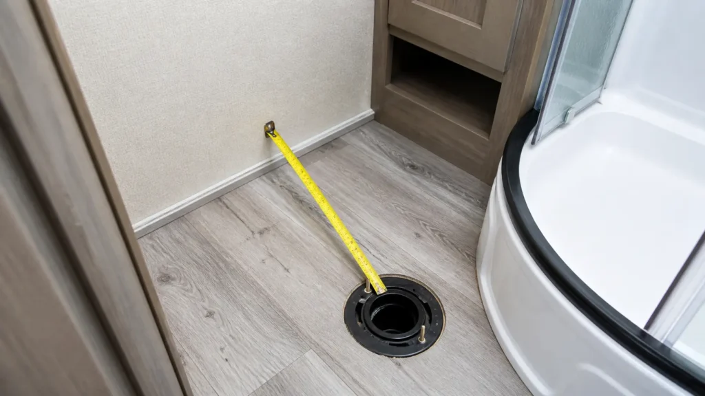 Measuring RV toilet rough-in distance before choosing a replacement