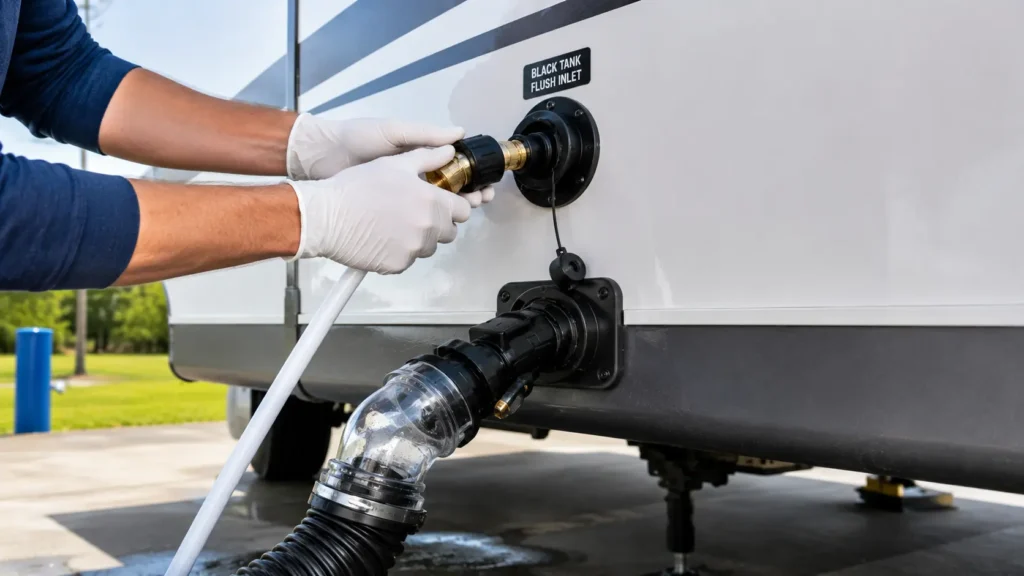 Close-up of an RV black tank flush inlet being connected to a dedicated rinse hose