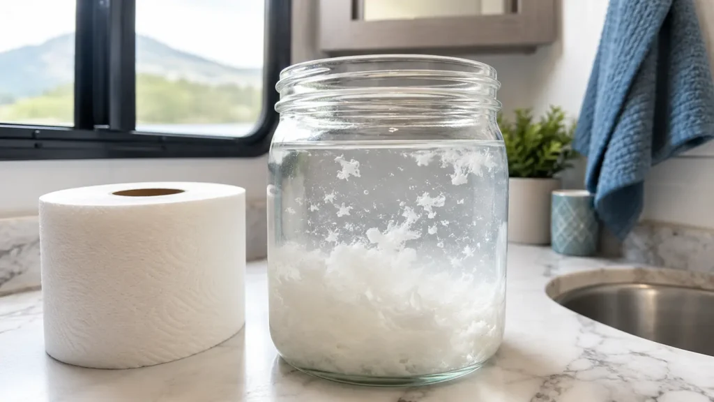 Jar test showing toilet paper breaking apart in water for RV use