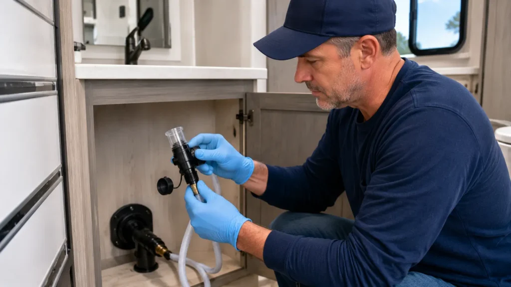 Person troubleshooting an RV black tank flush system and checking the vacuum breaker
