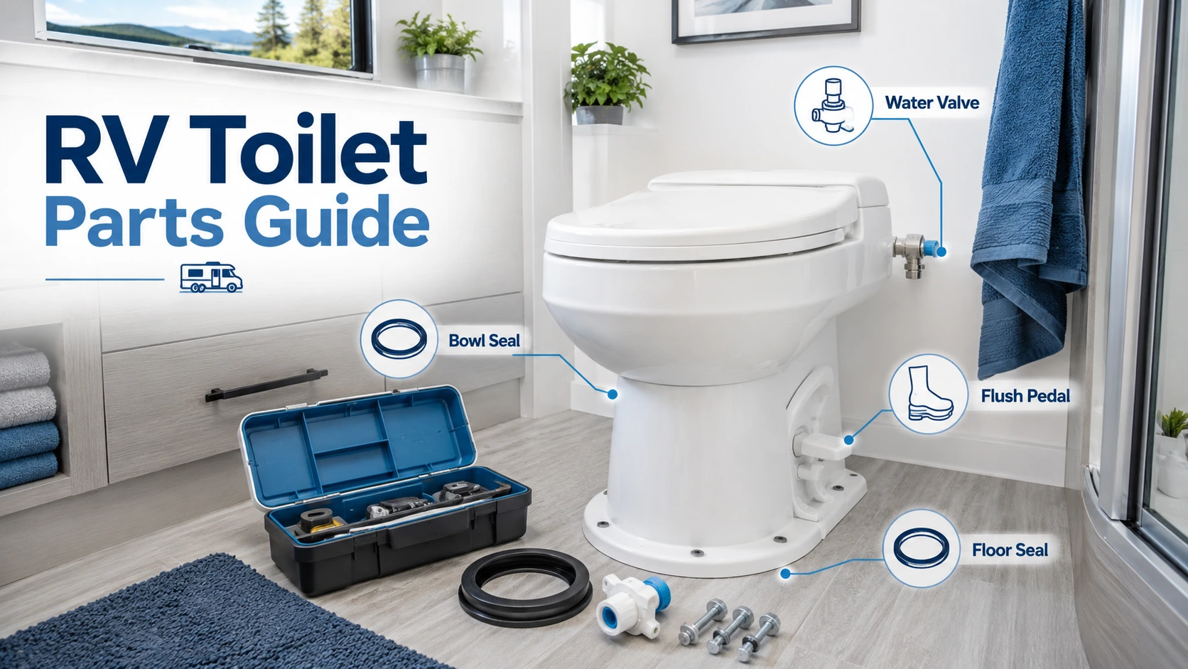 RV toilet parts guide showing a clean RV toilet with water valve, bowl seal, flush pedal, and floor seal repair parts