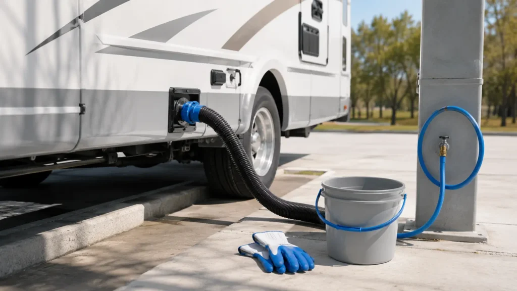 RV black tank dump routine with sewer hose and fresh water hose
