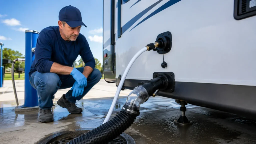 RV monitoring the black tank flush system to avoid flooding the RV