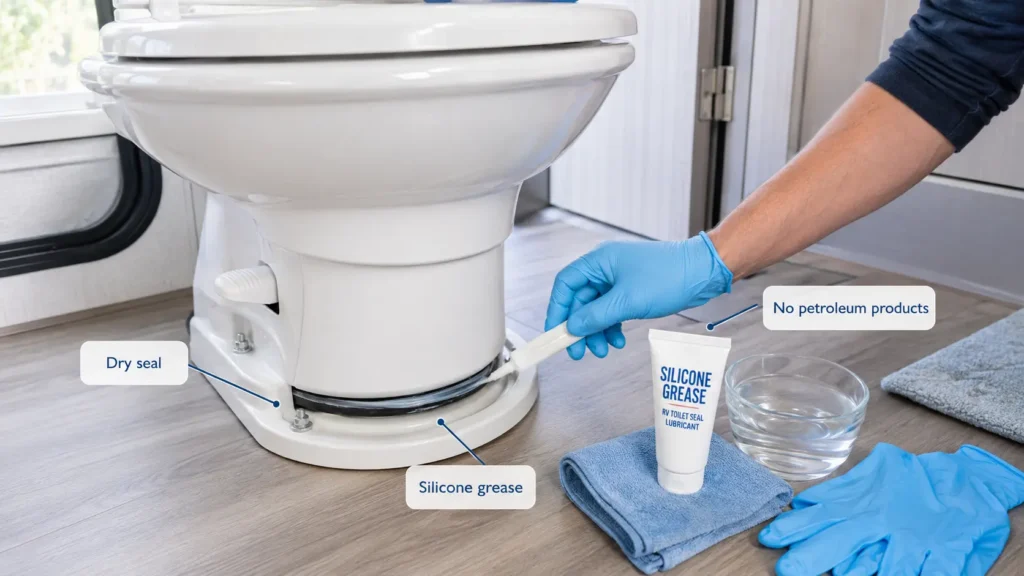 Applying RV toilet seal lubricant to a dry blade seal