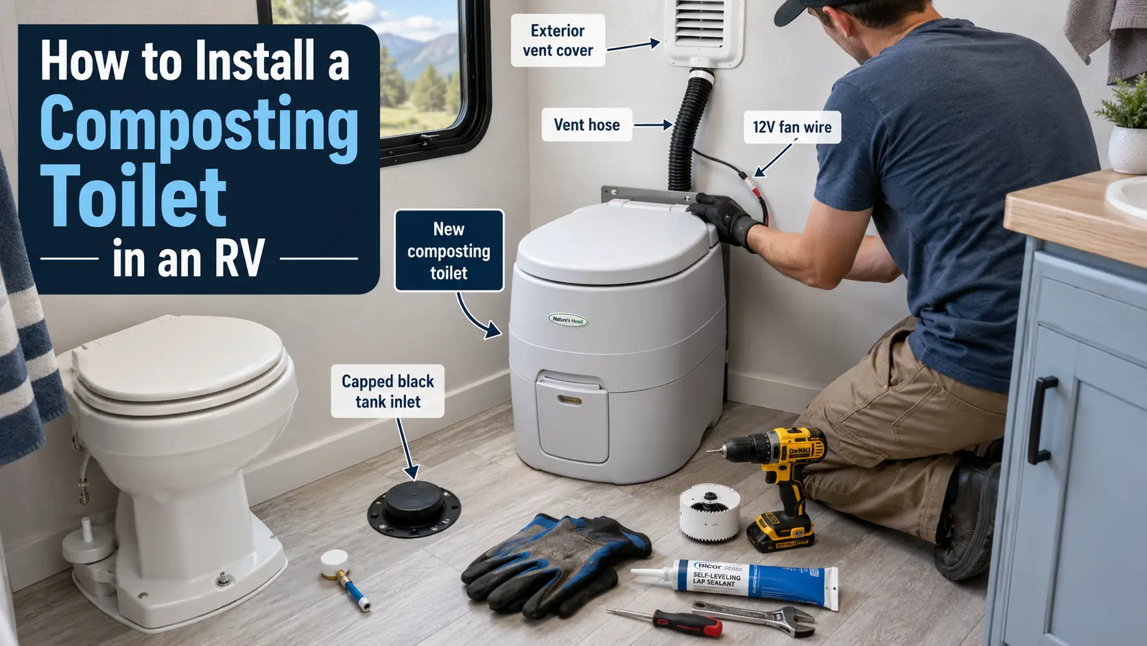 Composting toilet installation in a modern RV bathroom with vent hose, capped black tank inlet, 12V fan wire, and DIY tools.
