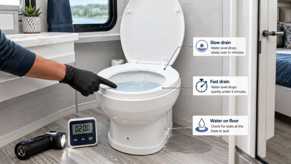 RV toilet bowl water level diagnosis for a bowl that will not hold water