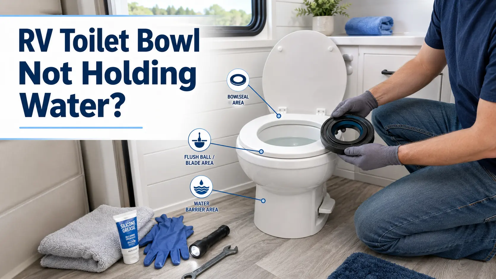 RV toilet bowl not holding water with seal inspection tools