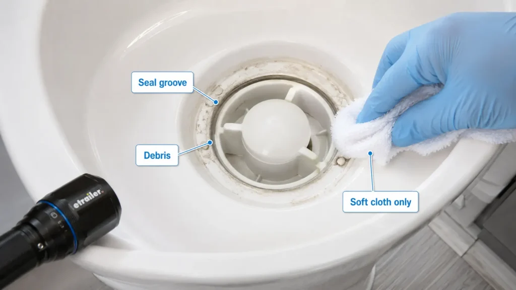 Cleaning debris from an RV toilet blade seal groove
