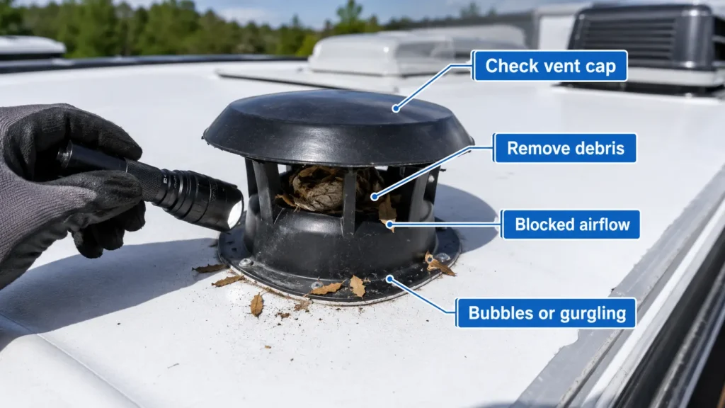 Blocked RV black tank roof vent causing toilet bubbles and slow drainage