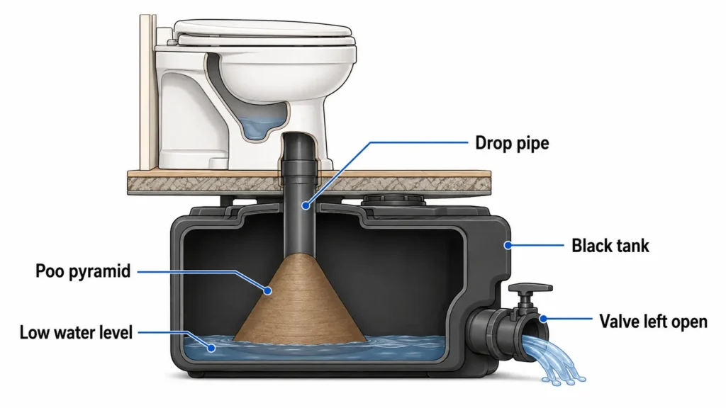 RV black tank poo pyramid forming under toilet drop pipe illustration