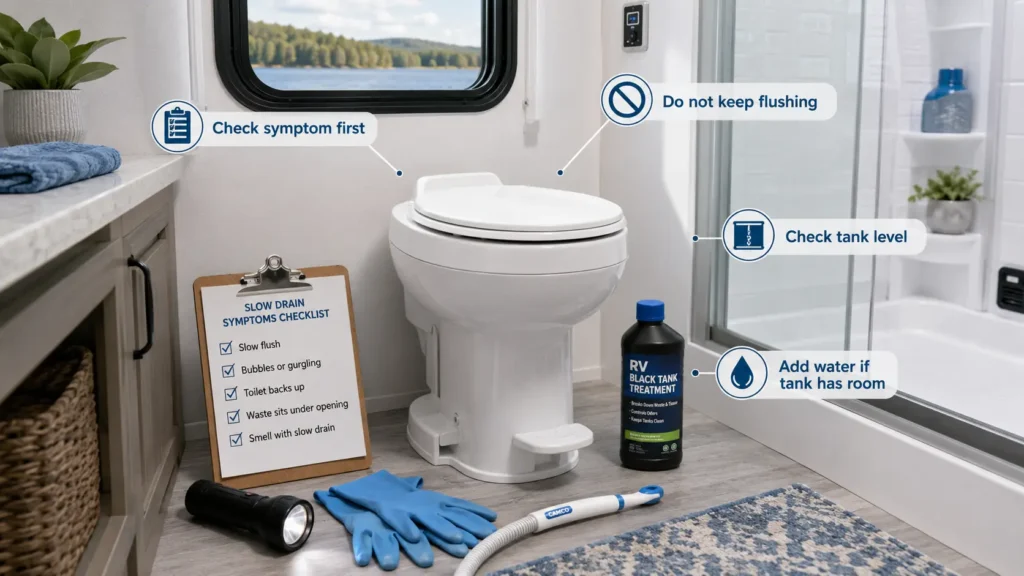 RV toilet slow drain diagnosis checklist with symptoms and causes