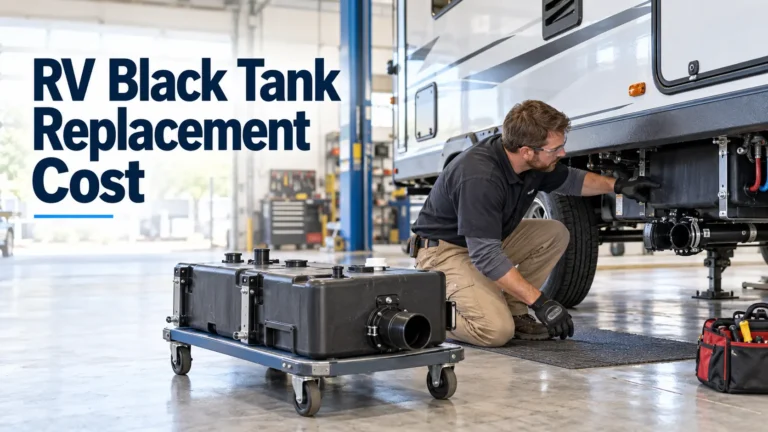 RV technician inspecting a black water holding tank during replacement at an RV repair workshop.