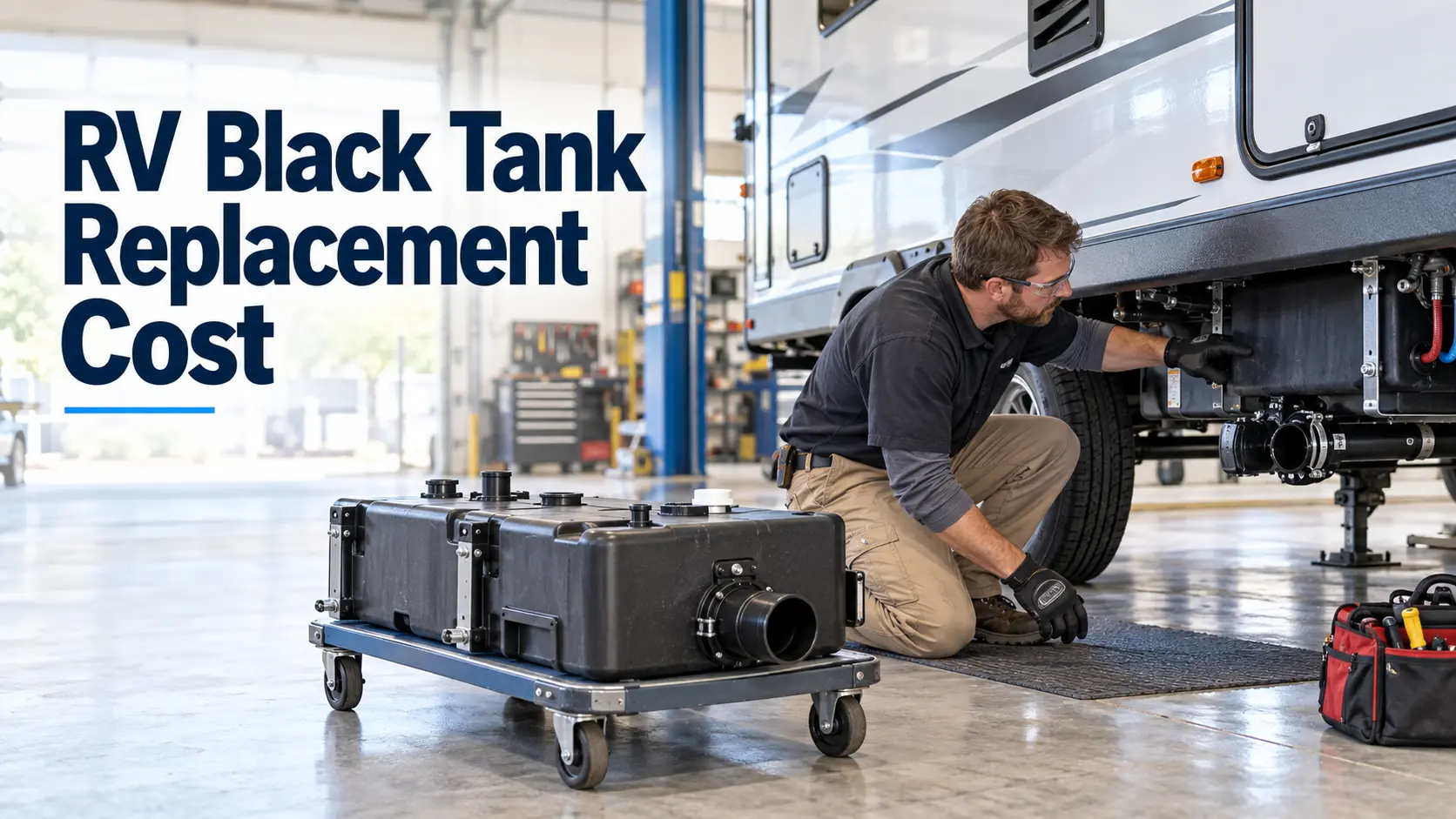 RV technician inspecting a black water holding tank during replacement at an RV repair workshop.