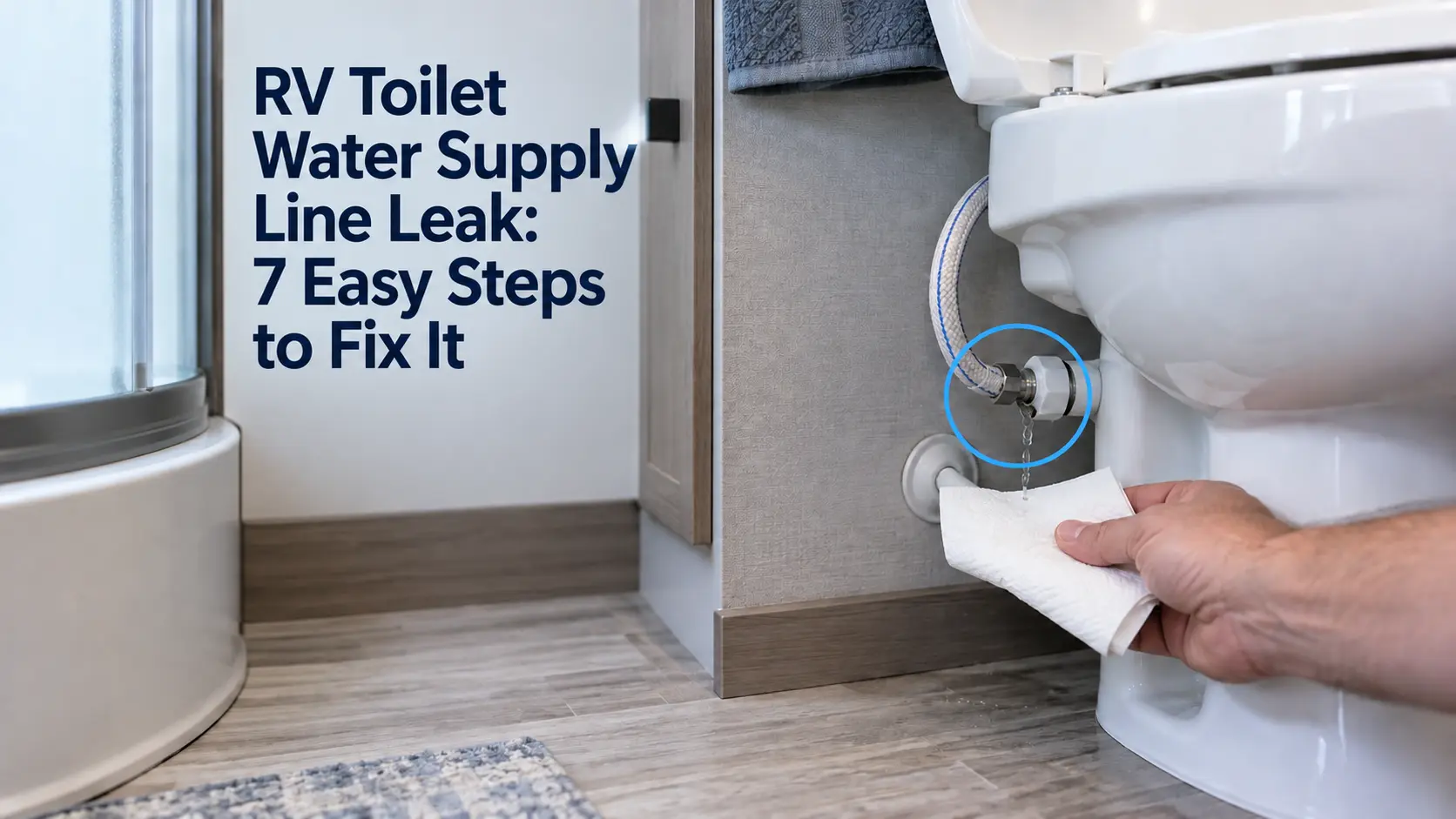 Alt text: RV toilet water supply line leak at rear fitting with paper towel checking for dripping water.